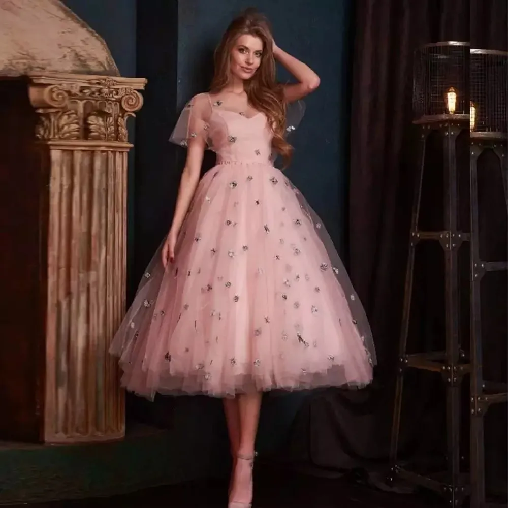 

Elegant A-line 3D Flower Prom Dress Illusion O-neck Tulle Evening Dresses Women Tea Length Applique Party Gown Robe De Soiree