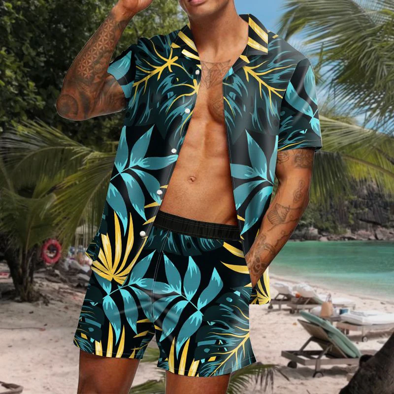 

Гавайский костюм для мужчин, рубашка с коротким рукавом, на пуговицах, пляжные шорты, праздничный костюм из двух предметов, кардиган, лето