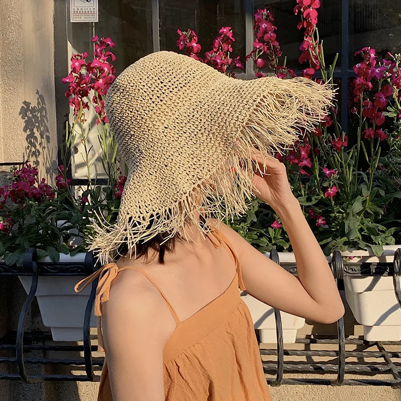 

2023 Womens Straw Hats Chinese Straw Hat Panamas UV Protection Sun Visor Beach Hats Women Visors Foldable Female Summer Sun Hat