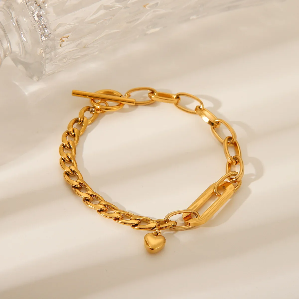 Нержавеющая сталь кубинская цепочка овальная браслет с подвеской в виде сердца