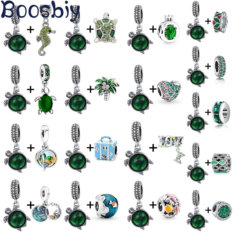 

Boosbiy 2Pcs/lot Green Turtle & Leaves & Heart Charms Pendents Beads Fits Brand Bracelets & Necklaces For Women DIY Jewelry Gift