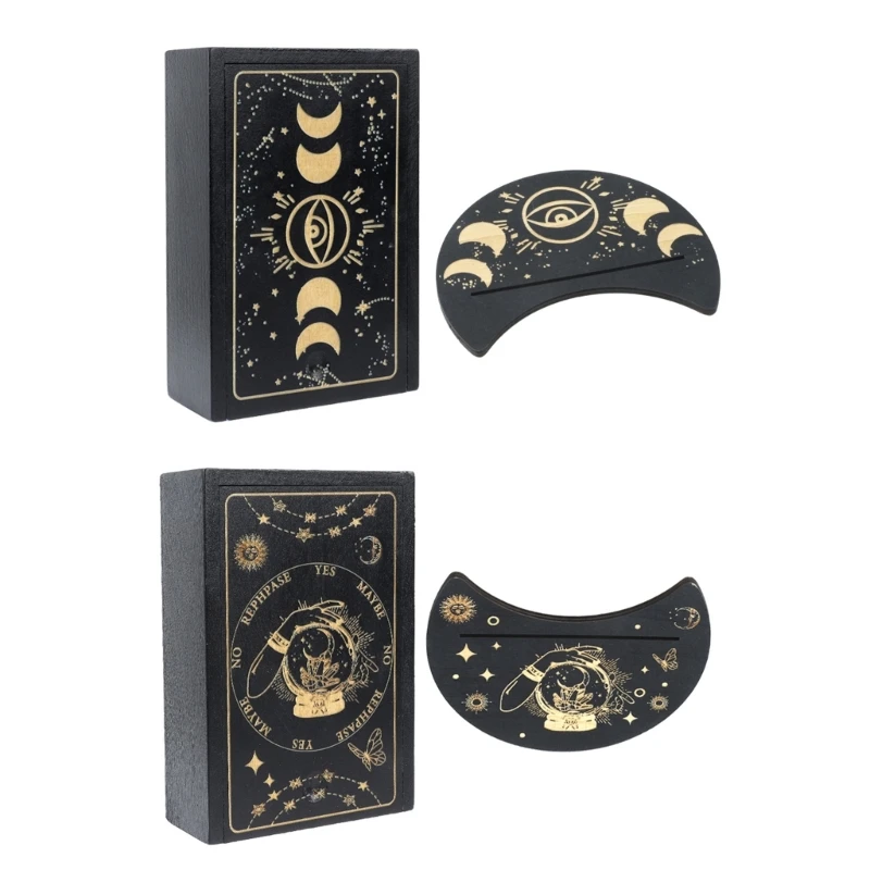 

B36F Wooden Tarot Box with Card Display Stand Boho Divination Ornament Box Tarot Decorative Storage Box Jewelry Organizers