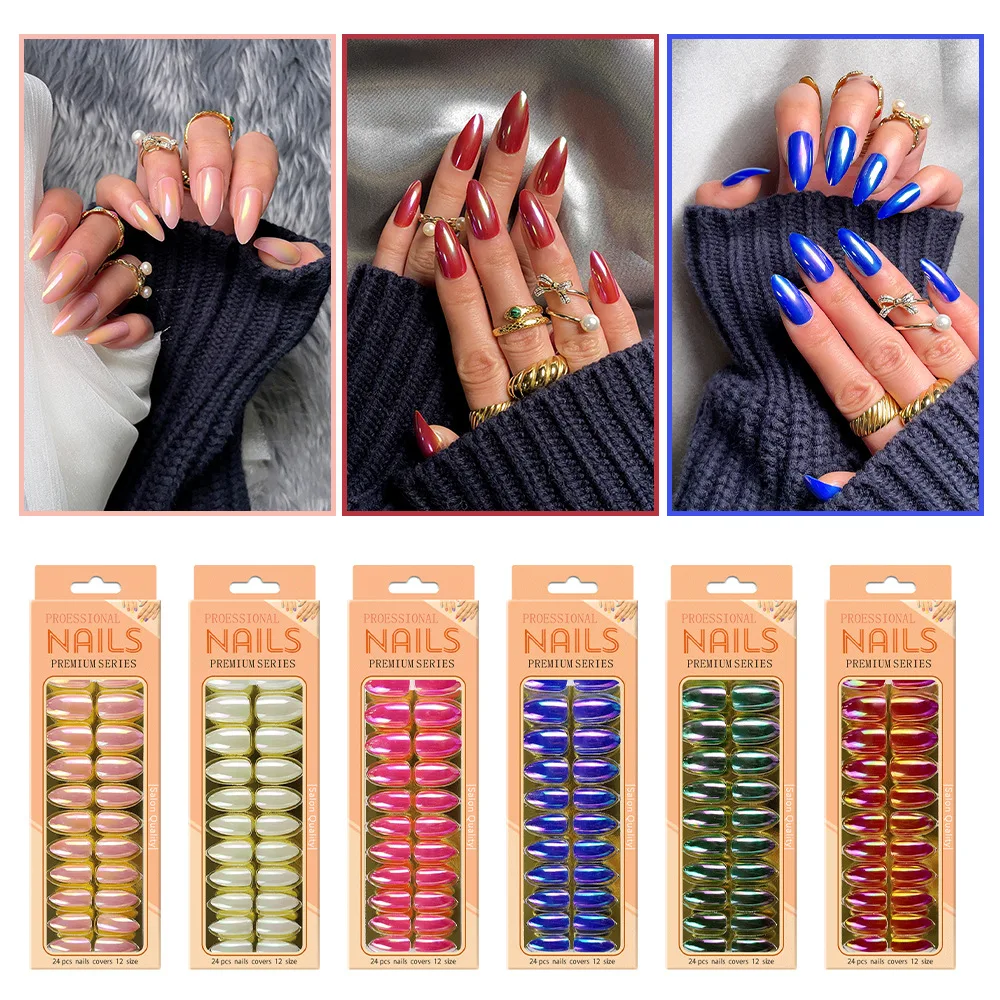 24pcs long detachable fake nails Aurora glossy designs artificial nails press on almond short ballet fake nails with gift glue