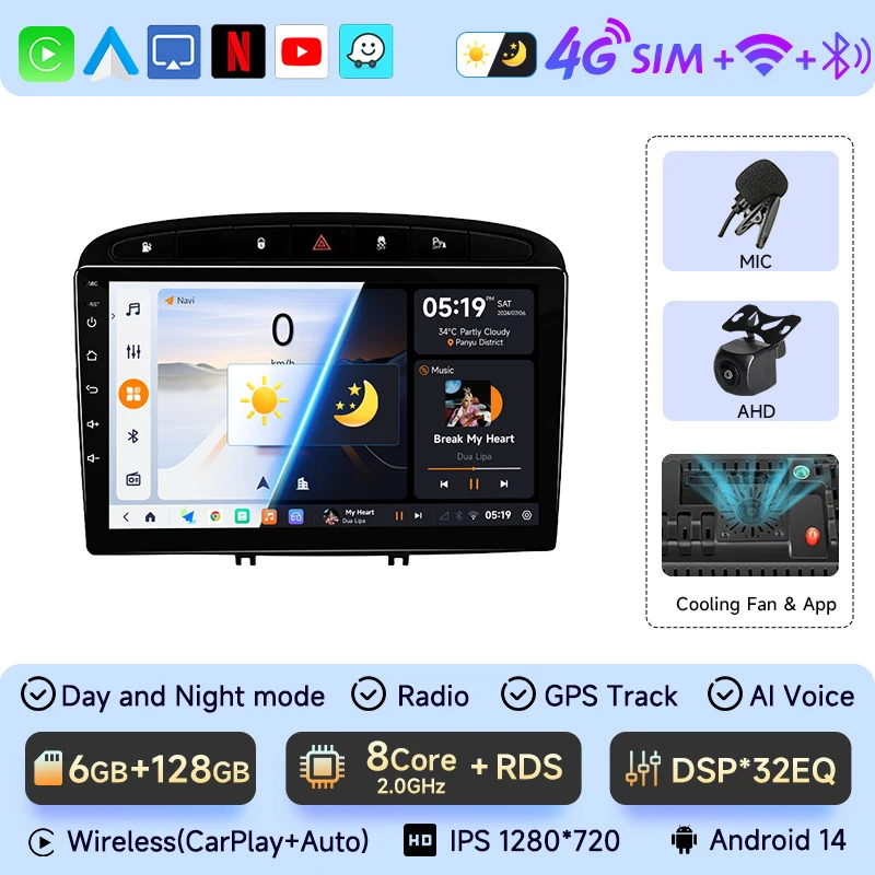 

6G + 128G Android 13 Автомобильный радиоприемник GPS RDS DSP Мультимедийный плеер для Peugeot 408 для Peugeot 308 308SW 2din Android автомобильный плеер без DVD