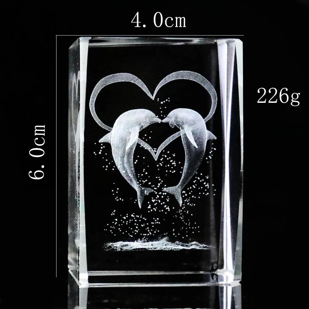 

K9 Crystal Laser Inner Carving Love Heart Dolphin Couple Prism Sun Catcher Crafts Gift Ornaments Paperweight Wedding Home Decor