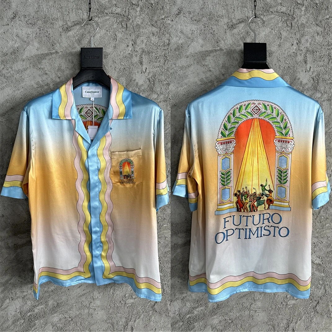 

Шелковая рубашка градиентного цвета для мужчин и женщин, гавайская пляжная рубашка с коротким рукавом