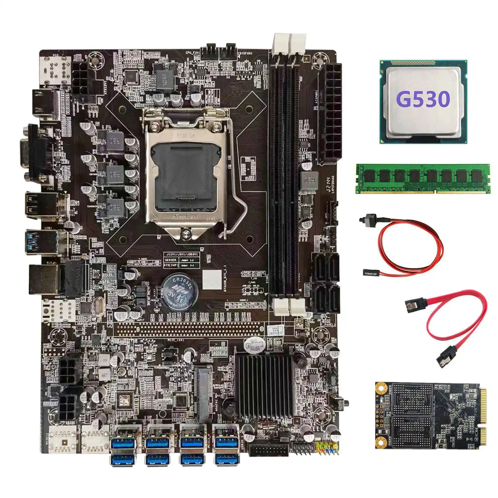 

Материнская плата B75 BTC для майнинга + процессор G530 + DDR3 4 Гб 1600 МГц ОЗУ + 128G SSD + кабель SATA + кабель переключателя LGA1155 8xpcie на USB-плату