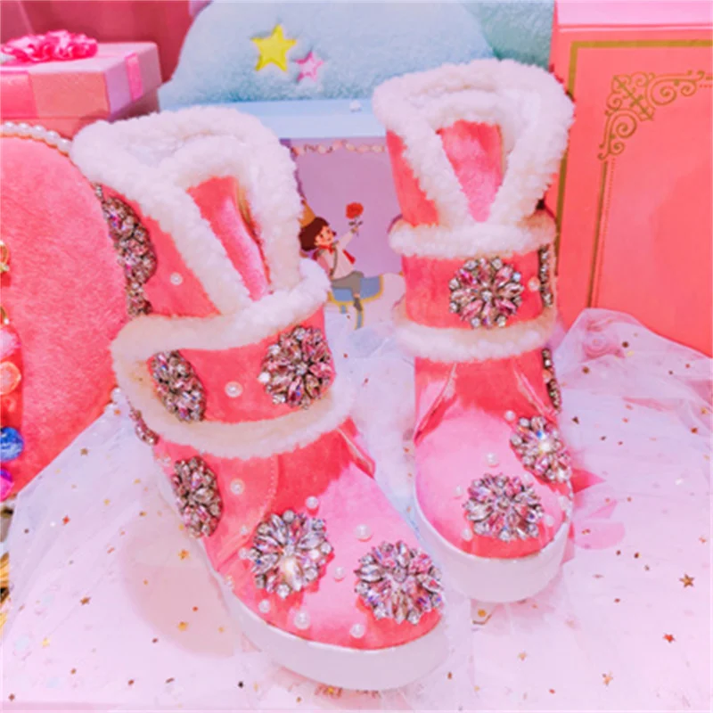 

Hand-encrusted pink soft hair thick bottom to increase the middle tube warm women's cotton shoes snow boots 35-41