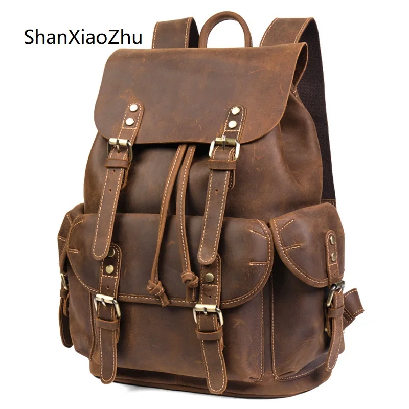 

Роскошный рюкзак из натуральной кожи в винтажном стиле, модная Дорожная сумка из высококачественной кожи, мужской повседневный ранец из кожи Крейзи Хорс