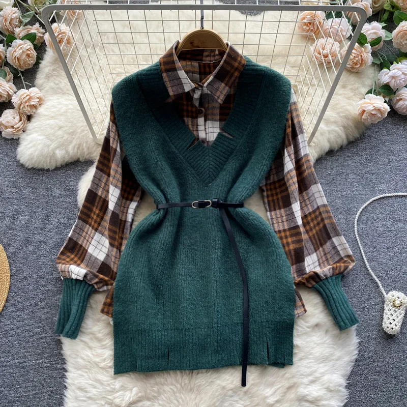 

Winter 2022 New Sweater Set for Women, Loose Knit Vest Versatile Plaid Shirt Two-piece Set Blouse Two Piece Set