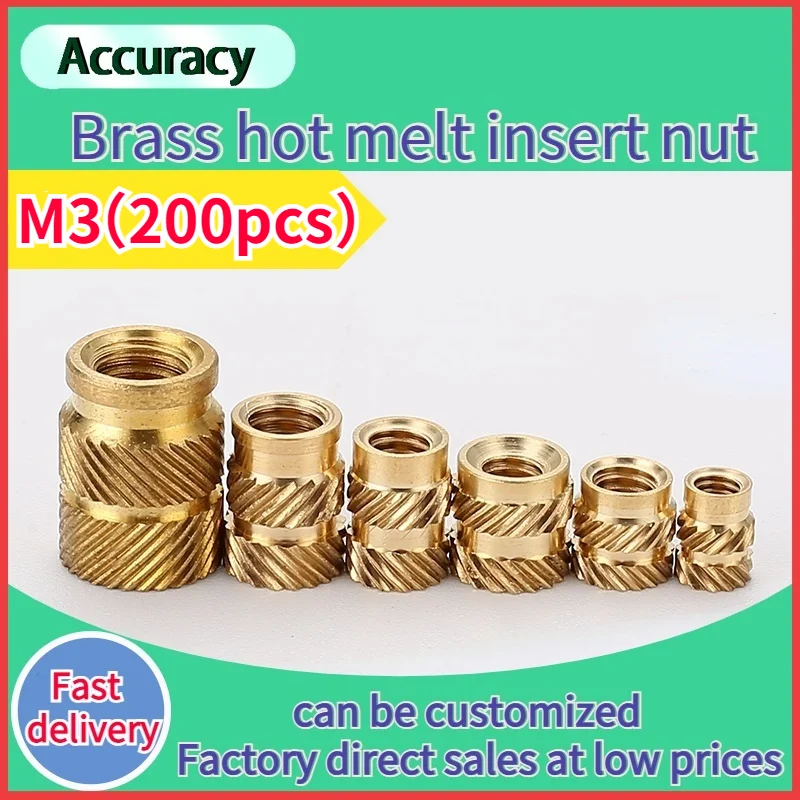 

200pcs M3 Brass Hot Melt Insert Nuts Heating Molding Copper Thread Nut Double Twill Knurled Injection 3Dprinter Components