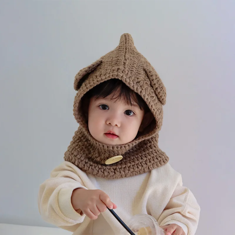

Детская вязаная шапка с защитой ушей, шарф, одна шапка, детская осенне-зимняя теплая шапка в форме мультяшного медведя для девочек и мальчик...