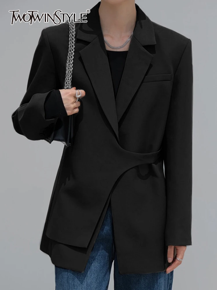

TWOTWINSTYLE Asymmetrical Blazer For Women Notched Collar Long Sleeve Solid Minimalist Blazers Female Fashion Clothing Style New