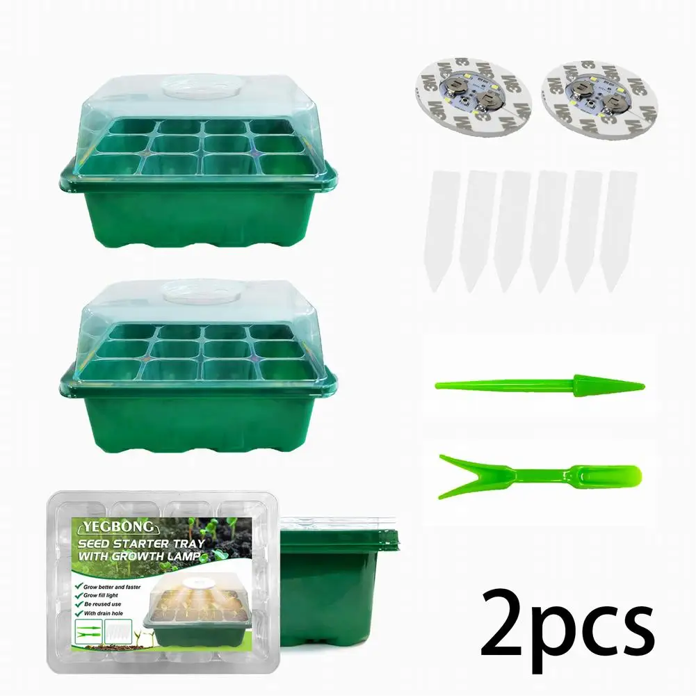 

2pcs 12 Cell Plant Grow Tray With Grow Light Plant Flower Nursery Pot Plastic Seedling Tray Greenhouse Seed Grow Germination Box