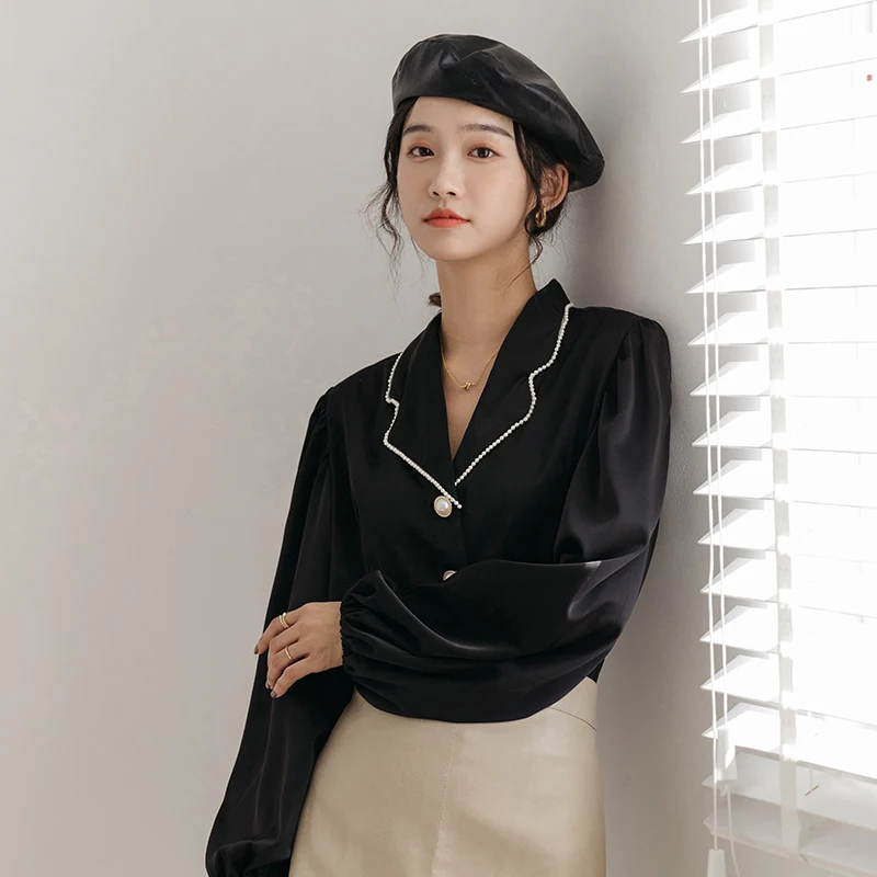 

Chiffon Women's Shirt Summer 2023 New Solid Blouses Loose Long Sleeves Top Vintage Ladies V-neck Clothing YCMYUNYAN