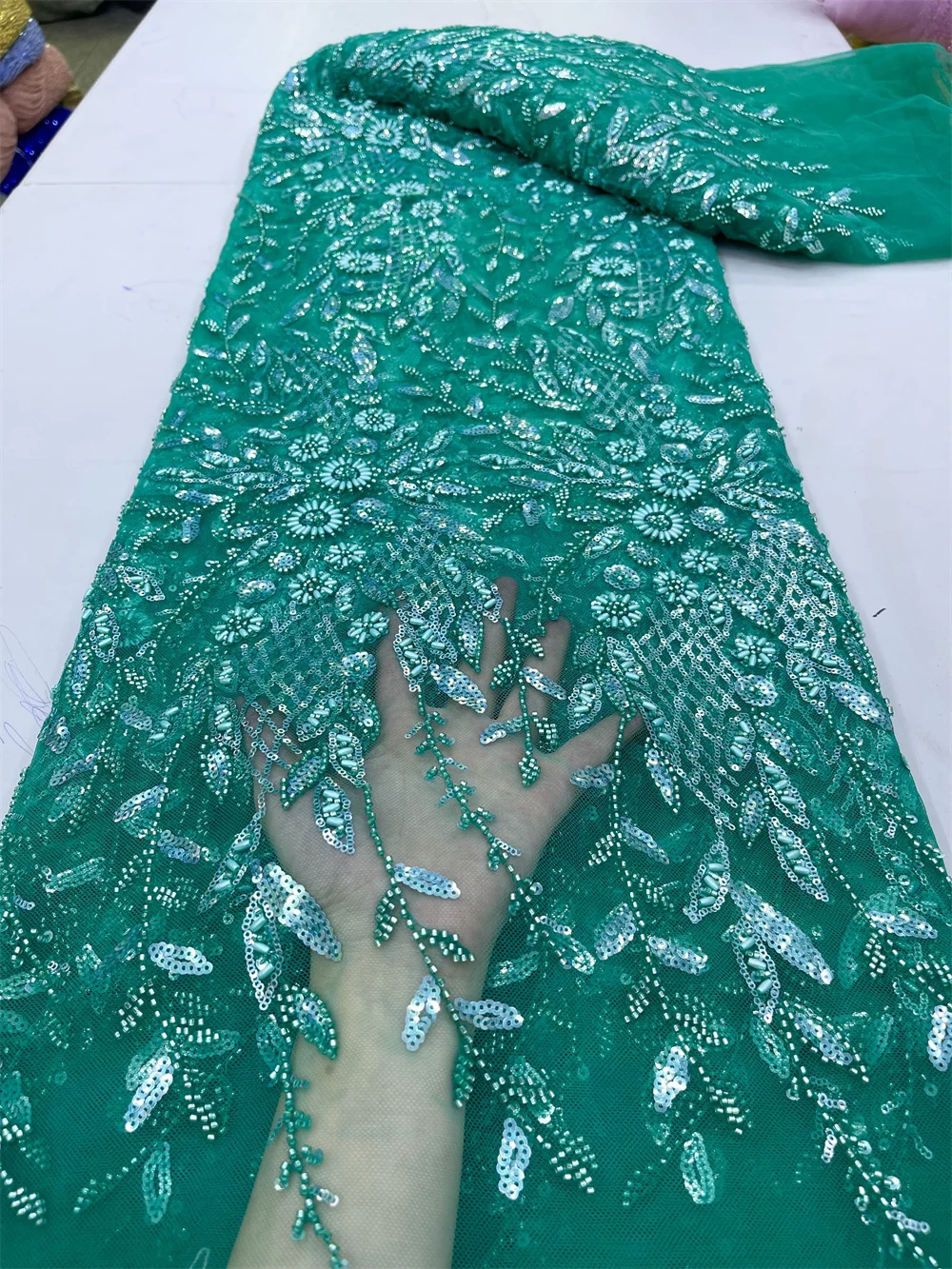 Африканская кружевная ткань ручной работы с блестками и бисером нигерийская 2024