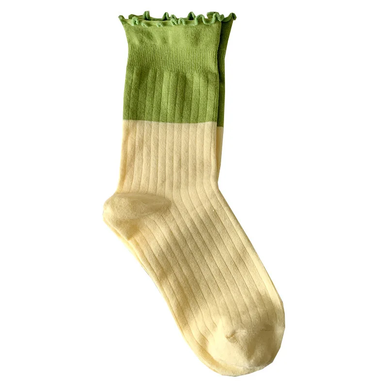 2 Pairs Of Girls' Mid-tube Socks Summer Thin Breathable Solid Cotton Ladies Cream Style Patchwork