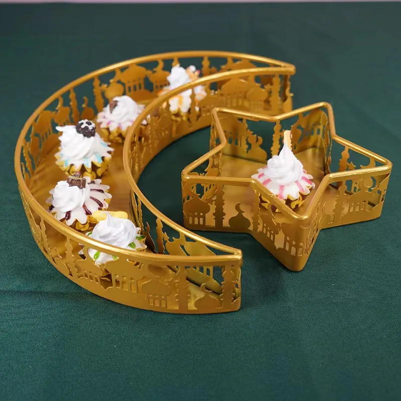 

2Pcs Metal Star/Moon 2023 Eid Mubarak Food Tray Ramadan Kareem Centerpieces for Table Food Plate Islam Muslim Decor Al Adha Gift