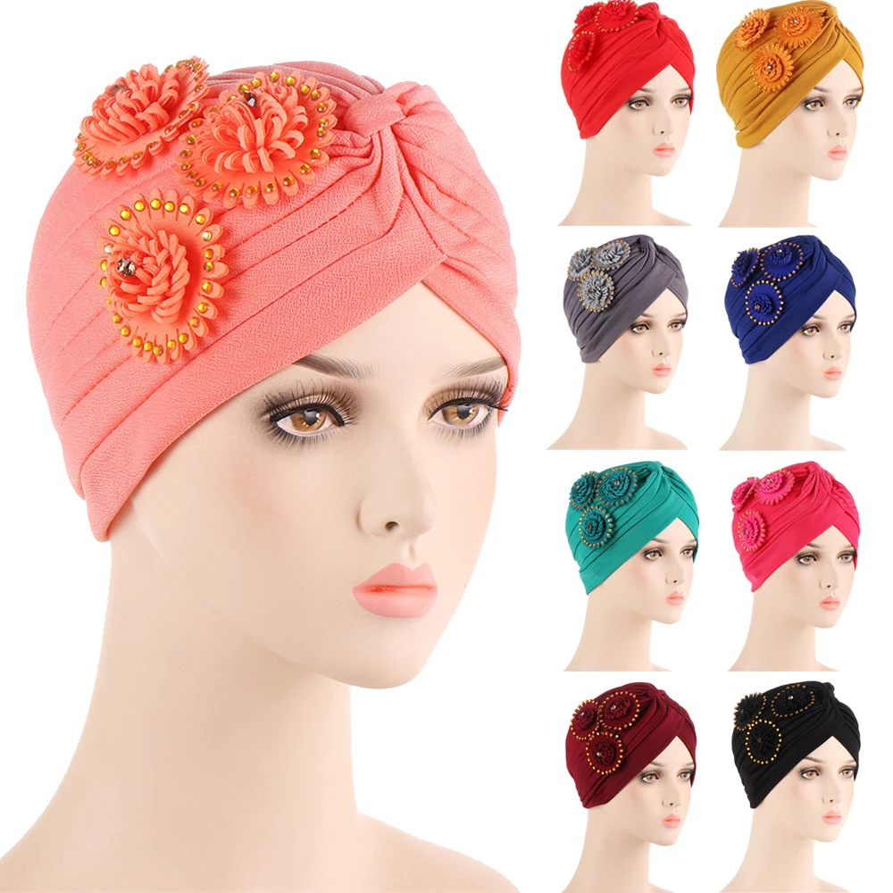 

Indain Flower Knot Pleated Women Muslim Hijab Bonnet Turban Inner Hat Beanie Hair Loss Cancer Female Arab Headwear Cover Scarf