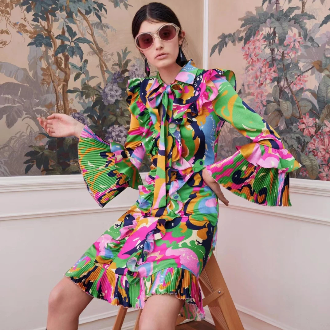 

Pink Floral Print Midi Dress Beading V-neck Puff Sleeve with Belt Special Design 2022 New Summer Autumn Top Quality Clothing