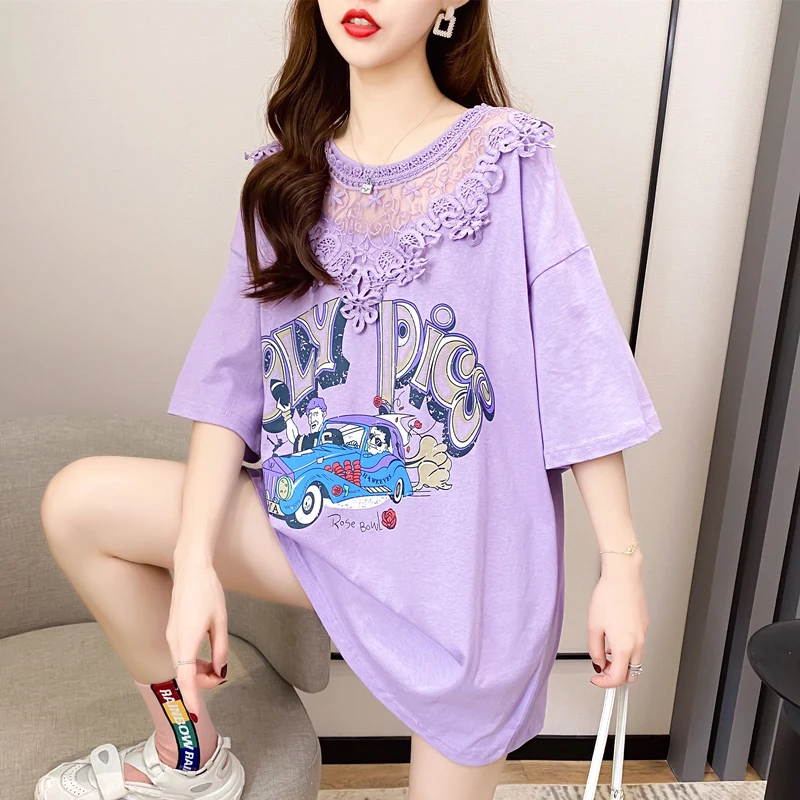 

DAYIFUN White Grey Purple Short Sleeve T-shirts Women Fashion Hollow Out Sexy Long T Shirt Sexy Spliced Lace Streetwear T-shirt