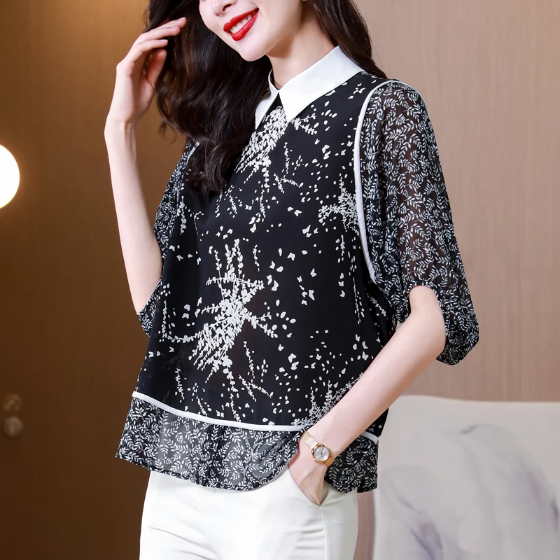 

Large Size Silk Women's Blouse Summer Printing Loose Satin Shirt Short Sleeve Casual Top Fashion 2022 New Korean Style Clothing