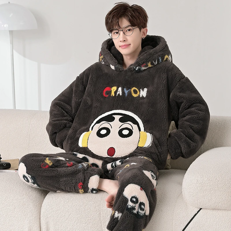 Men's Pajamas Autumn and Winter Coral Fleece Warm Crayon Xiaoxin Flannel Youth Casual Home Wear Can Be Worn outside