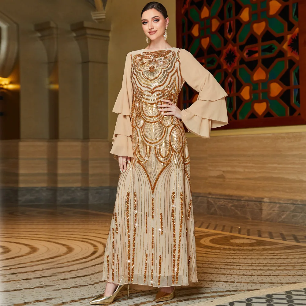 Women's Chiffon Gold Multi-Layer Frill Sleeve Positioning Spangled Embroidered Dress Turkish Indian Abaya Arab Party Dress