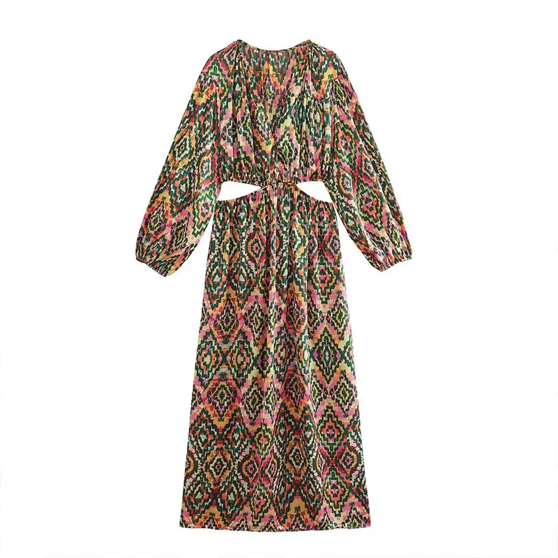 

Summer Women's 2023 New Casual V-Neck Long Sleeve Opening Design Printed Maze Long Loose Dress Sexy Elegant