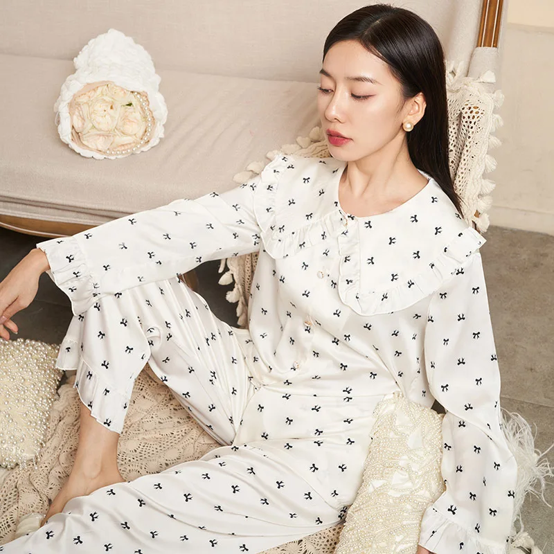 

Jxgarb Spring New Satin Small Bowknot Print Casual Student Pajamas Sets Beautiful Women's Two-pieces Cute Sleepwear