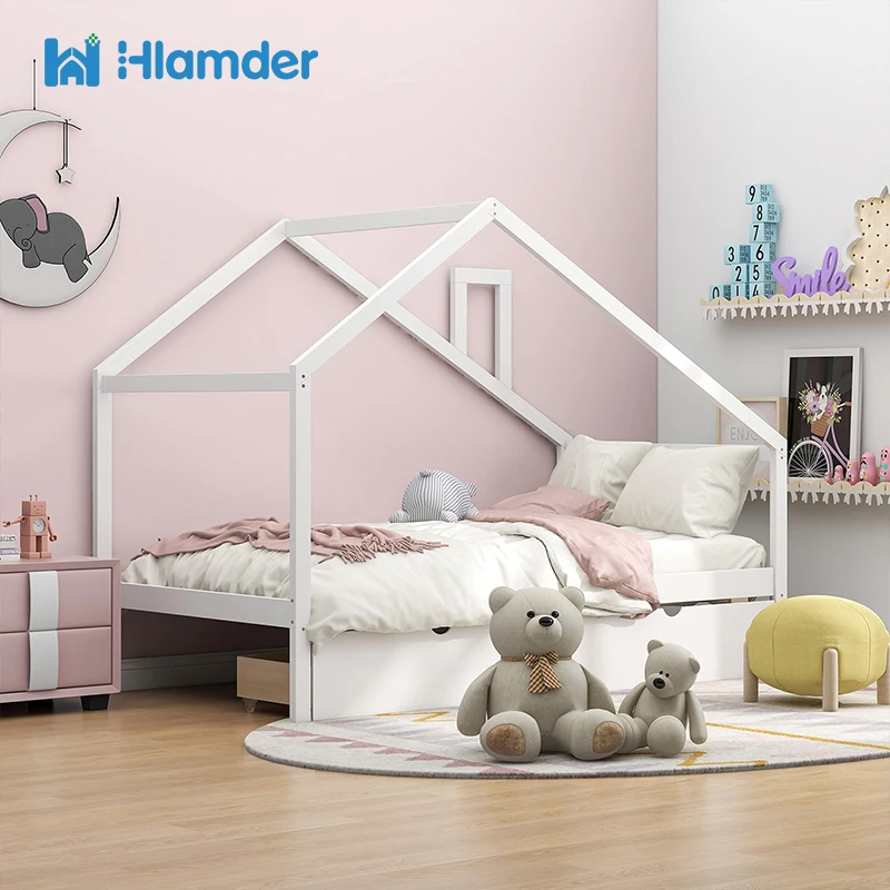 With Two Pull-out Drawers And Roof, House Bed Frame For Any Room, Living Room, Bedroom, Kids Room ,twin Size Furniture