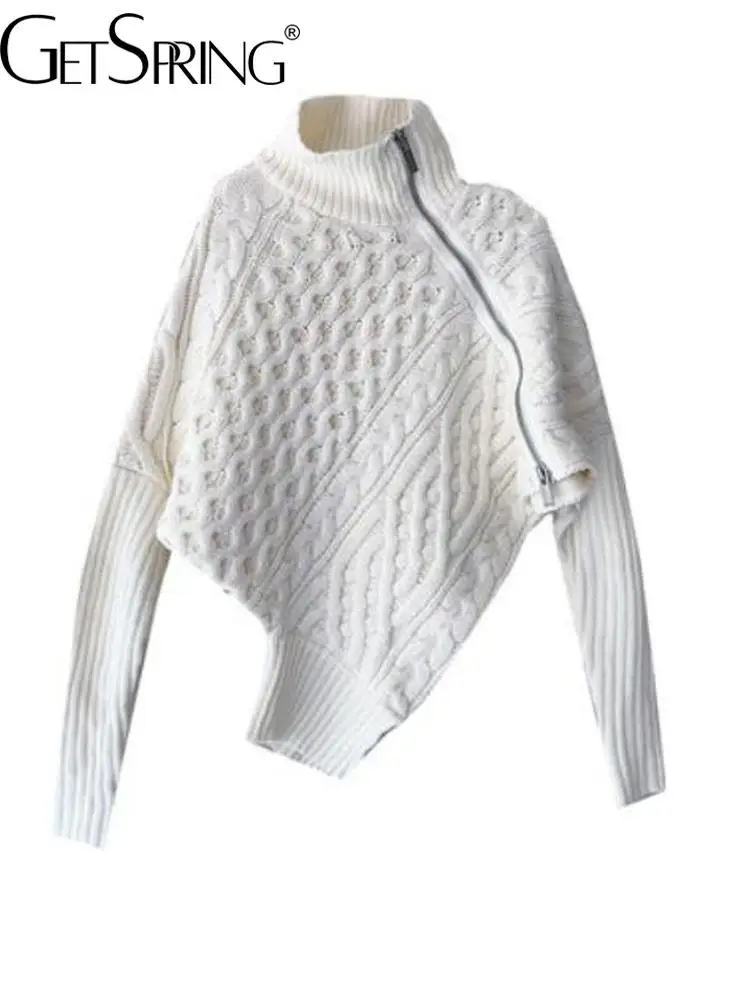 

Yuerwang Women Sweater Asymmetry Turtleneck Sweater Irregular Black White Vintage Casual Knitting Pullover 2021 New Fashion
