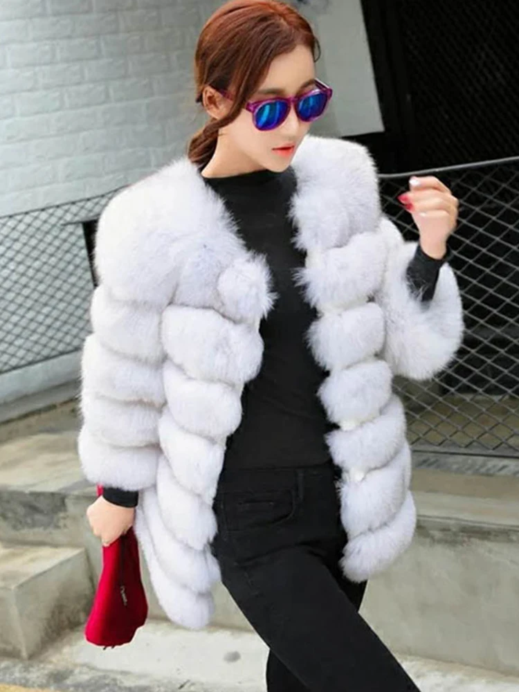 FMFSSOM Winter New Women Faux Fox Fur Coat Fashion Casual Thick Warm Long Sleeve Solid Patchwork Mid-Calf Faux Fur Coat