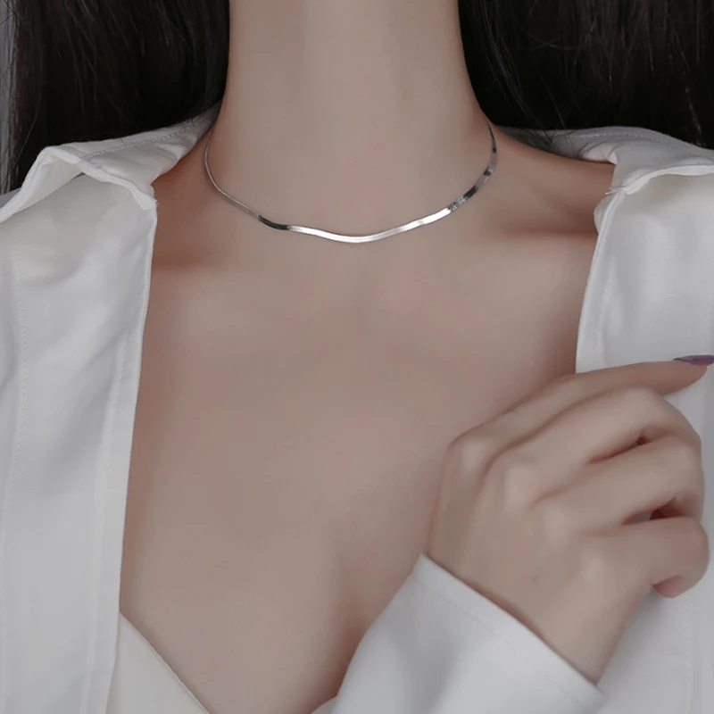

925 Silver Necklace Fashion Simple Clavicle Chain Shiny Collar Men And Women Couple Snake Bone Chain Sterling Silver Jewelry