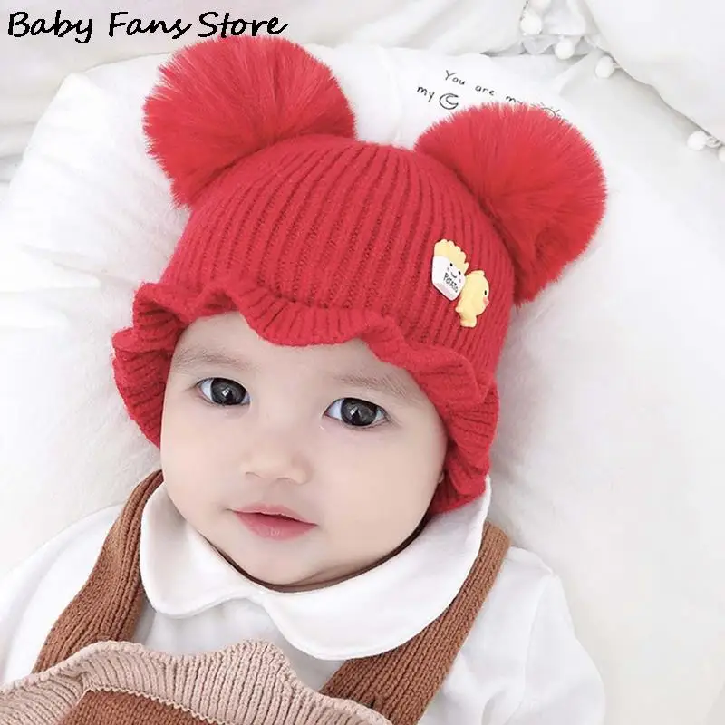 

Pompom Baby Wool Beanies Caps Winter Earmuffs Bonnet Hats Keep Warm Brimless Skullies Hat Girls Boys Knit Turban Cap New Year