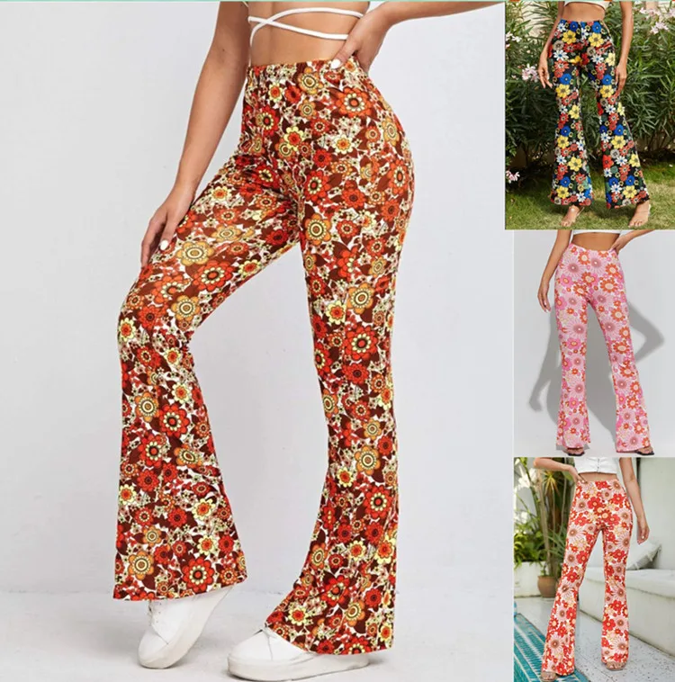 2022 Hot Sale Women's Bell-Bottoms Long Trousers Fashion Whole Body Floral Print Sexy Bell-Bottom Pants for Women Lady