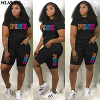 hljgg casual sport matching two piece sets women pink letter print tshirt biker shorts tracksuits summer jogger 2pcs outfits