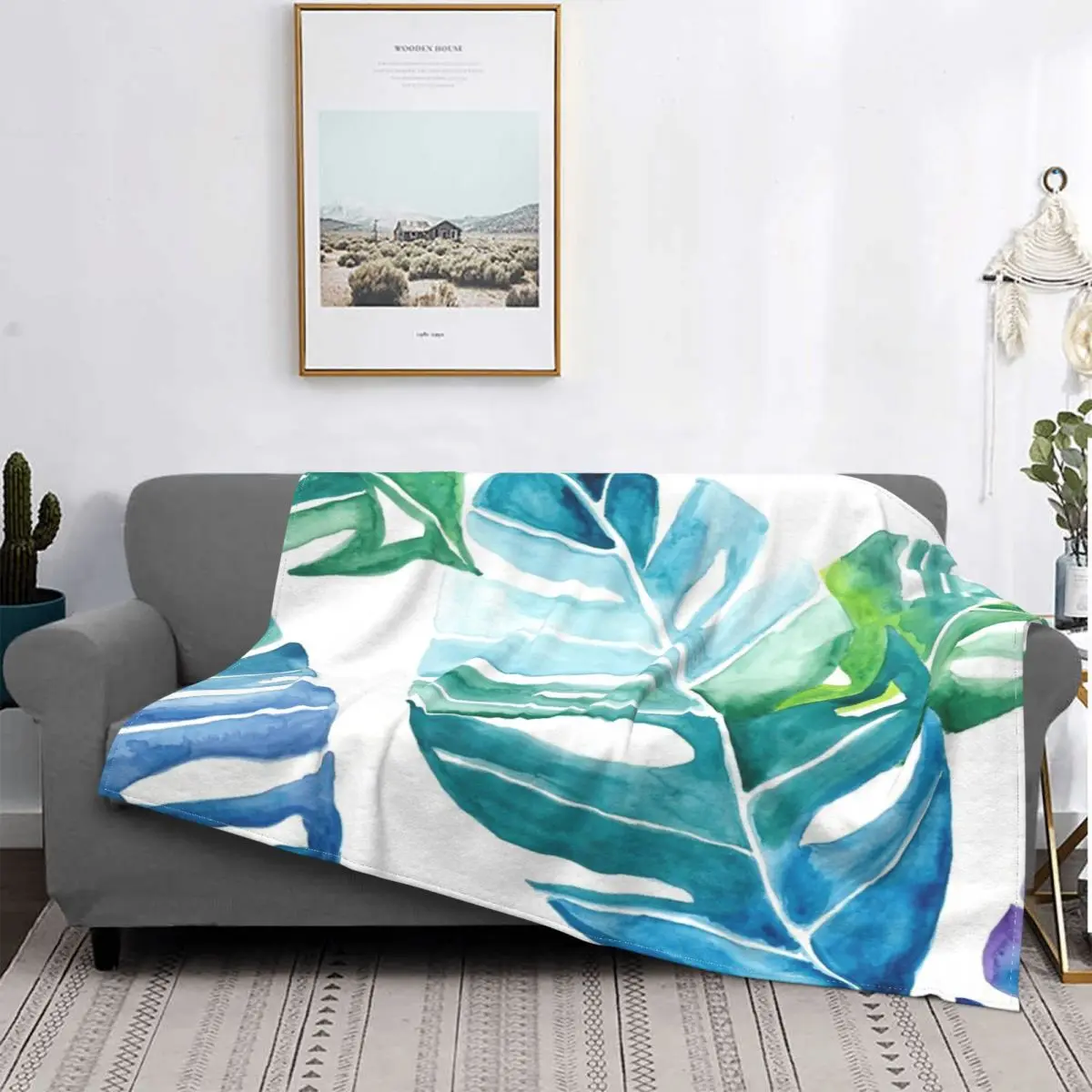 

Manta de hojas de Monstera, colcha a cuadros para cama, manta de lana a cuadros para Picnic en el sofá
