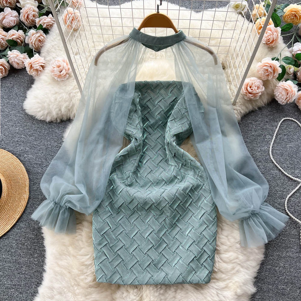 

Clothland Women Sexy Mesh Patchwork Dress Transparent Sleeve Party Club Event Wear Chic Mini Dresses Vestido QB737