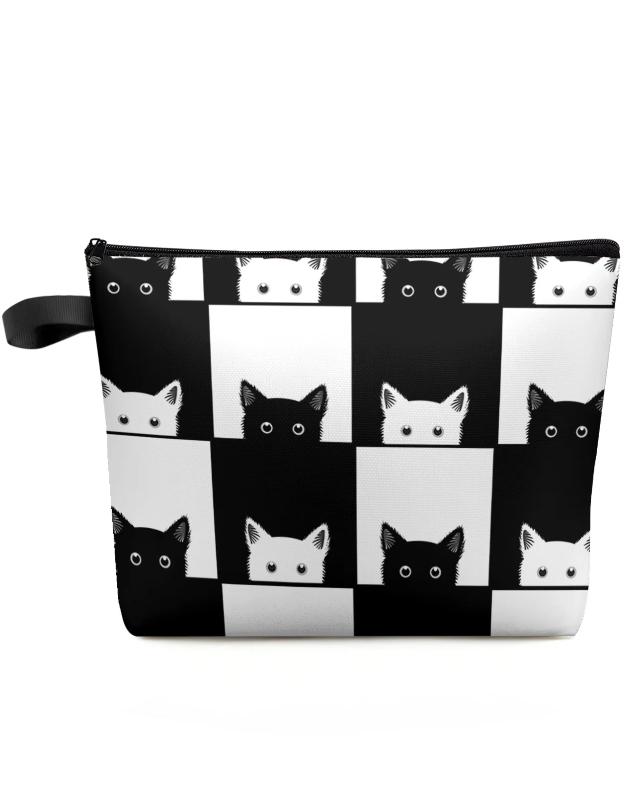 

Geometic Black White Plaid Cat Makeup Bag Pouch Travel Essentials Lady Women Cosmetic Bags Toilet Organizer Storage Pencil Case