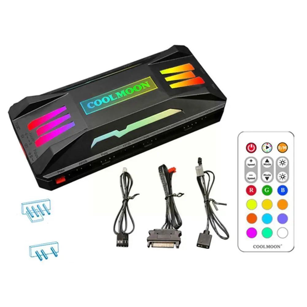 

Argb Hub COOLMOON ARGB Controller 4Pin PWM Temperature Remote Synchronization Wireless 3-Pin Chassis Fan Control Hub 5V Con T9T3
