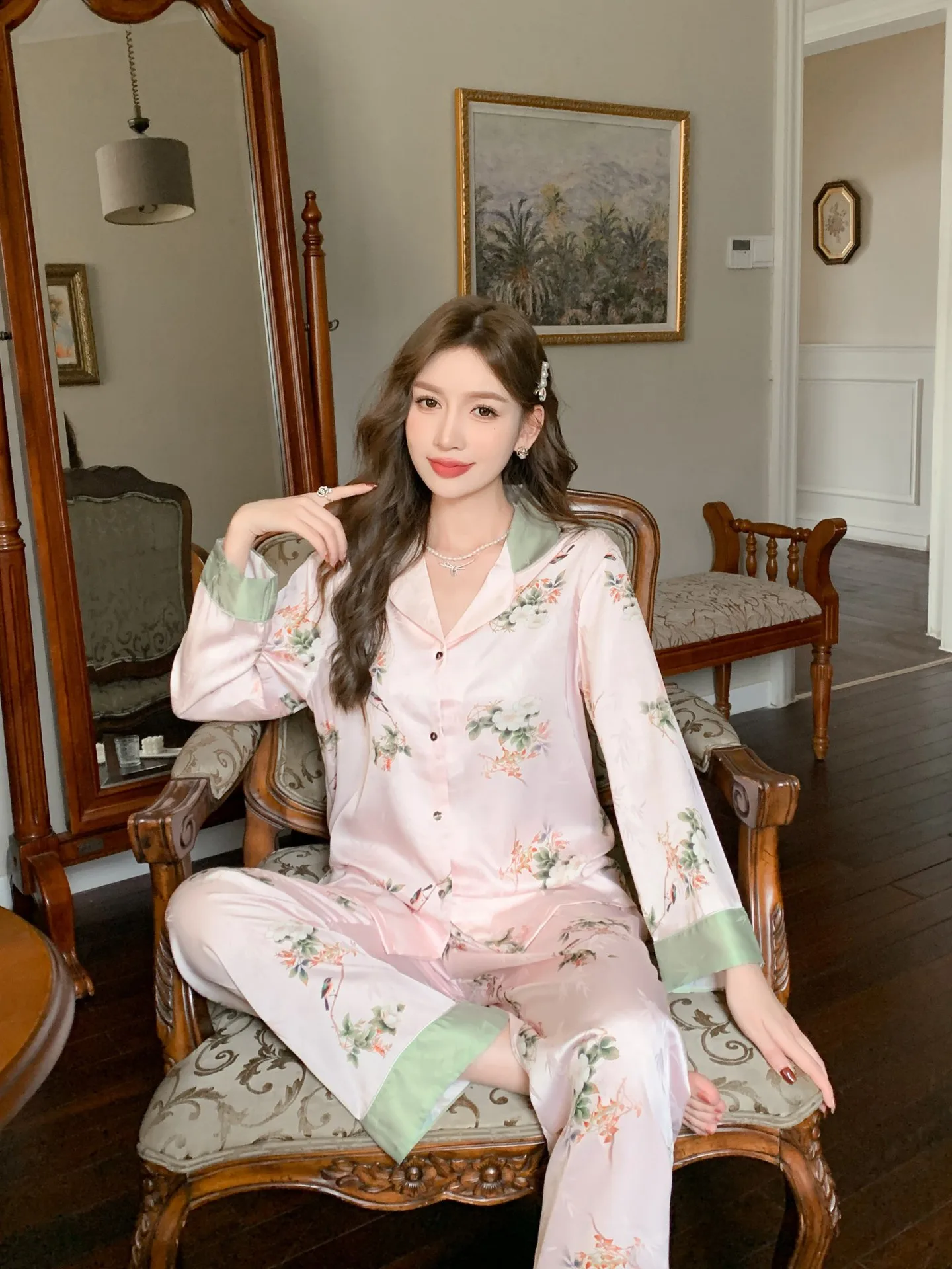 Women's Jacquard Home Suit Color Matching Flower Imitation Silk Pajamas Women's Fashion Can Wear Comfortable Pjamas Externally