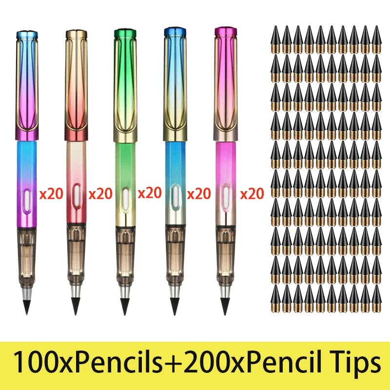 

100 шт. вечный карандаш + 200 шт. наконечников карандашей без фотоэлементов для рисования искусства эскизов картины Детские подарки кавайные канцелярские принадлежности