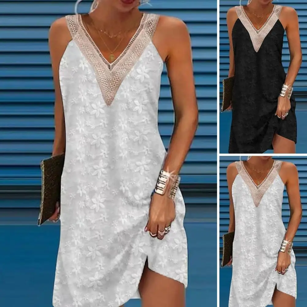 

Elegant Solid Party Dress Casual Patchwork Jacquard Lace Dress Women Summer Sleeveless V-neck dresses for women 2023 vestidos
