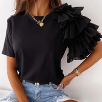 women asymmetrical lace o neck casual t shirts 2021 summer short solid color girls t shirt new office lady party tops fashion