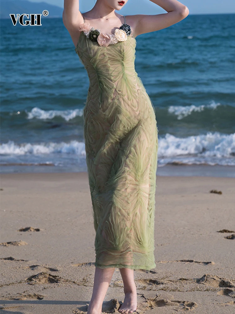 

VGH Elegant Patchwork Flowers Sling Dress For Women Sleeveless High Waist Long Camisole Dresses Female 2022 Fashion Clothing New