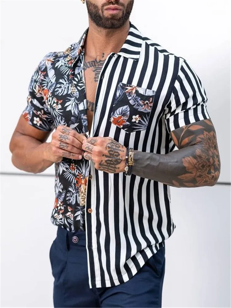 

2022 Fashion Men Hawaiian Shirt Short Sleeve Streetwear Print Striped Patchwork Summer Chic Blouse Male Beach Camisas M-3XL