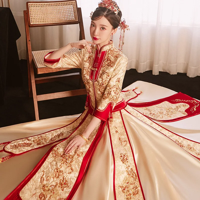 Champagne Embroidery Beading Tassel Chinese Traditional Wedding Cheongsam Bride Bridegroom Qipao Dress китайская одежда