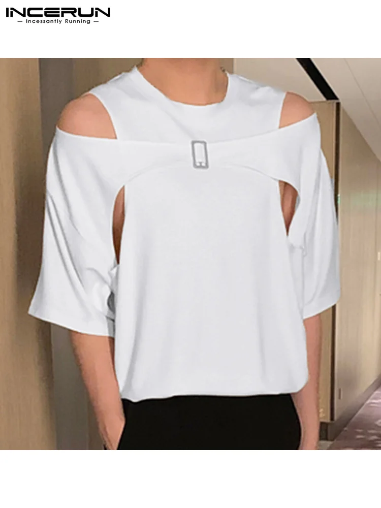 

Fashion Men's Hollow Shoulder Camiseta Casual Male Solid Color Hot Sale Fake Two Short-sleeved T-shirts S-5XL INCERUN Tops 2022