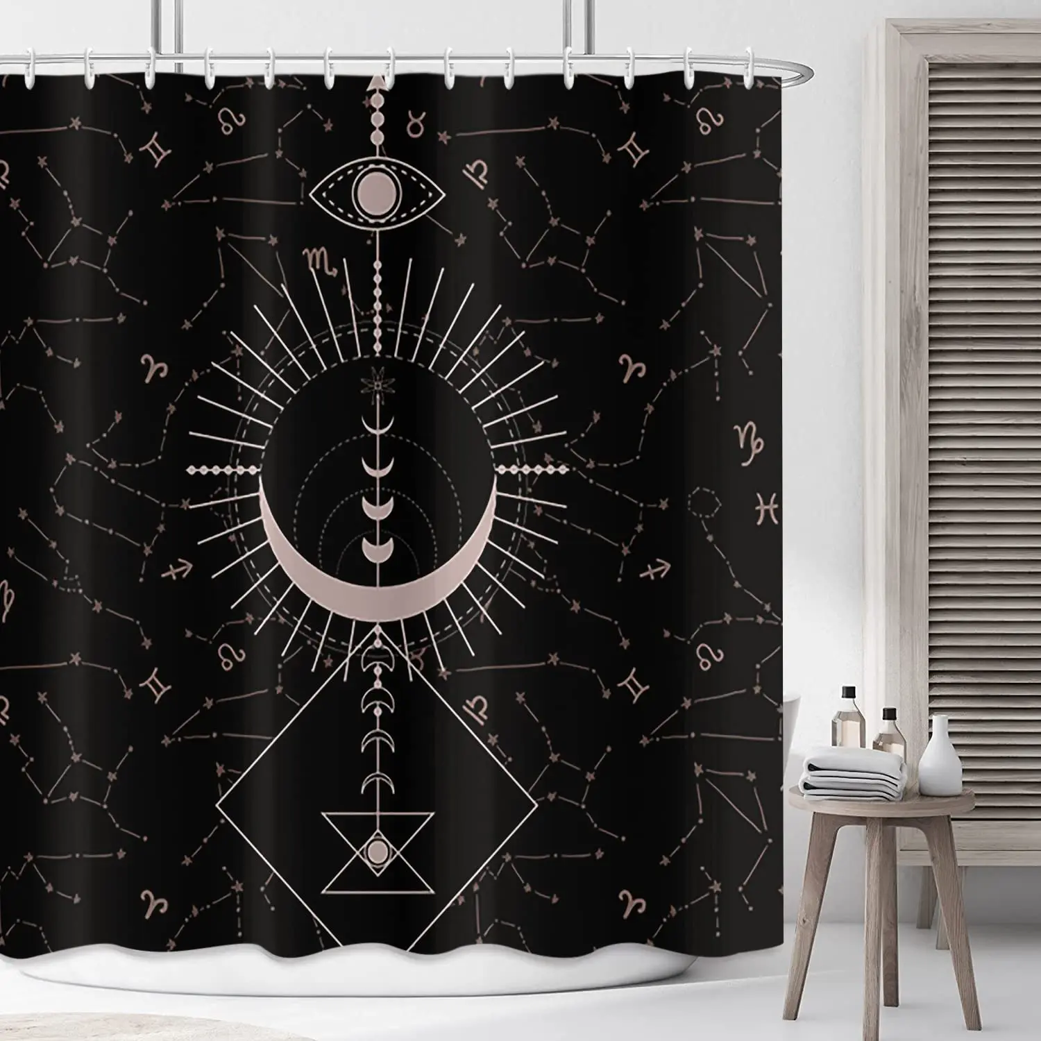 

Stars and New Moon Fantasy Galaxy Bathroom Curtains Black Shower Curtain Night Starry Sky Shower Curtains Bathtub Decor Sets